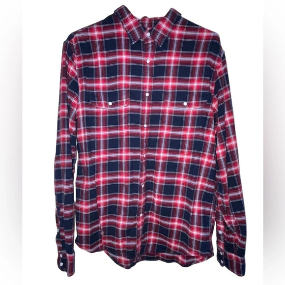 Lucky Brand Saturday Stretch Pearl Snap Plaid Long Sleeve Shirt Mens Size Medium - Picture 1 of 8